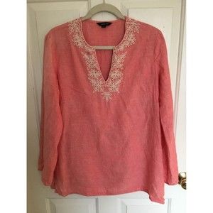 Land's End 100% Linen Long Sleeve Coral Top With Beaded Neckline Size Large
